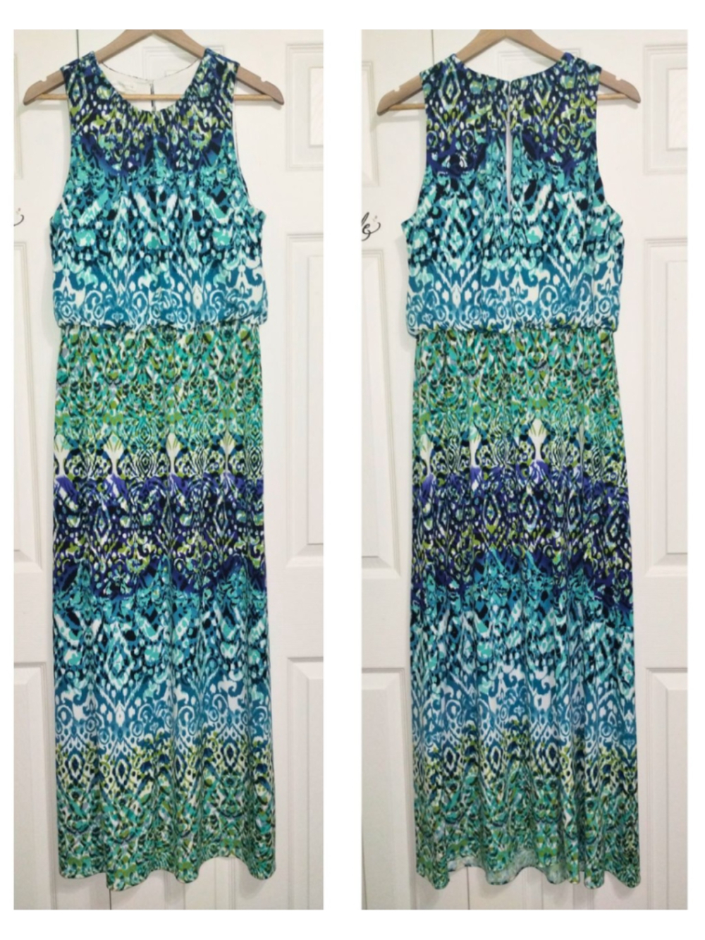 Women's London Times Blue Green Patterned Sleeveless Maxi Dress(Size 10)